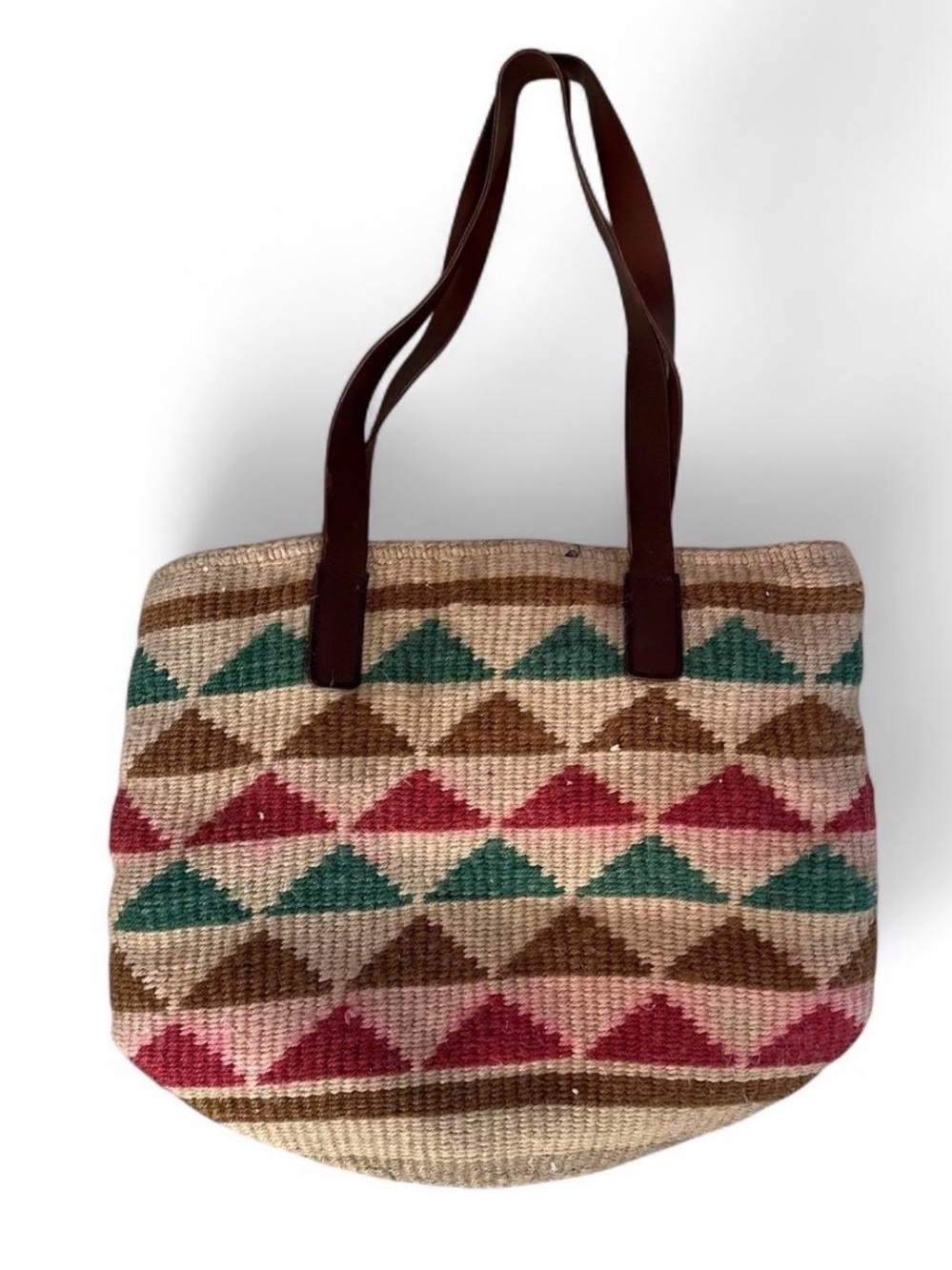 Woven Geometric Tote Bag with Brown Straps Aztec Western Anatolian Kilim Tote